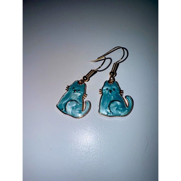 Cute Blue Cat Dangle Earrings Kitten Kitty Animal Lover Jewelry New - Picture 1 of 2